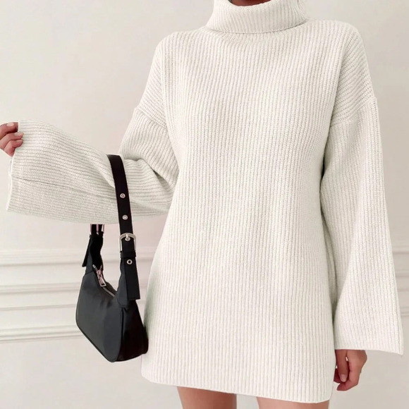 White Casual Women's High-Neck Drop Shoulder Sweater - Picture 5 of 5